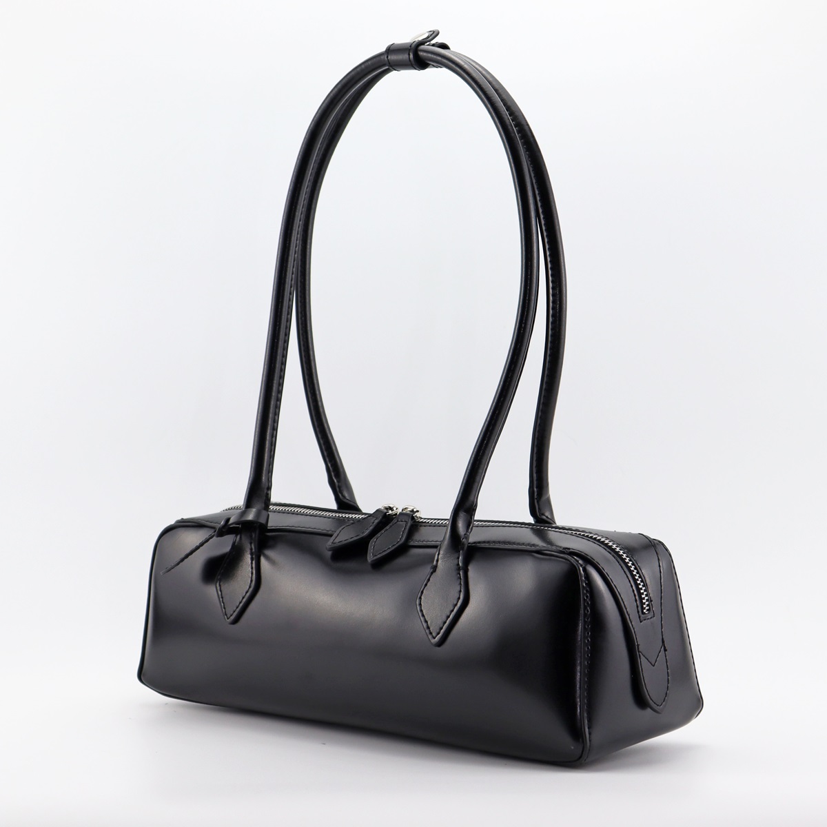 LUNÉA Nova Real Leather Baguette Bag in Black – Classic Shoulder Bag with Twin Straps