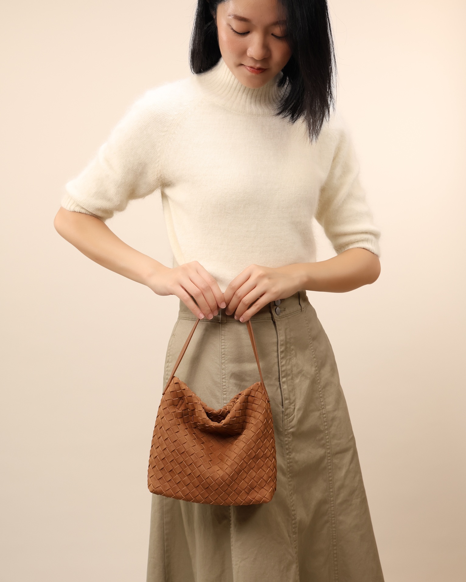 The Areum Woven Suede Shoulder Bag - Caramel Orange - Image 6